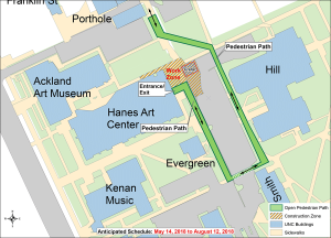 Map showing details of buildings surrrounding Hanes Art Center, including Ackland Art Museum and Kenan Music Building and Hill Hall and the work zone that will be impacted by the Hanes Art Center roof construction project. The roof replacement project will require the closure of a portion of the Swain Parking Lot and walkways along the perimeter of the building. Pedestrians should remain alert to construction activities in the area and follow designated pedestrian detours.