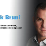 Photo of commencmenet speaker Frank Bruni with the words, New York Times columnist, 2020 Commencement Speaker