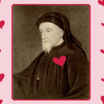 Geoffrey Chaucer with hearts in Valentine's Day graphic