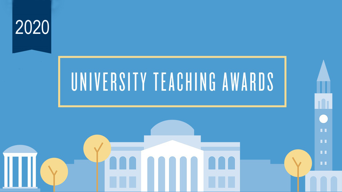 Graphic says "2020 University Teaching Awards" on a blue background with a illustrated pic of campus with South Building.