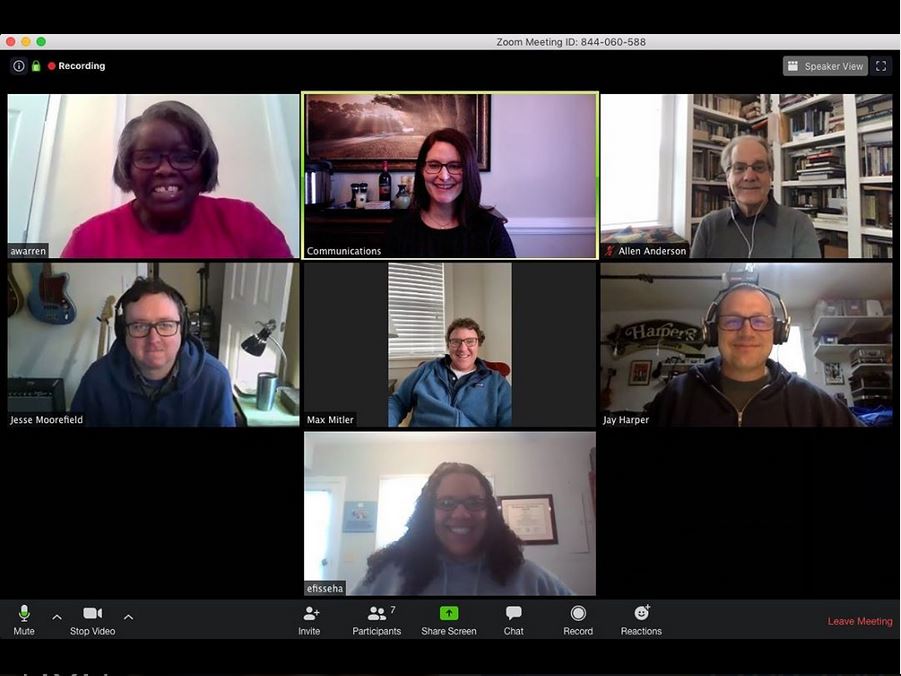 Music faculty and staff meet via Zoom. Photo shows a screenshot of faces.