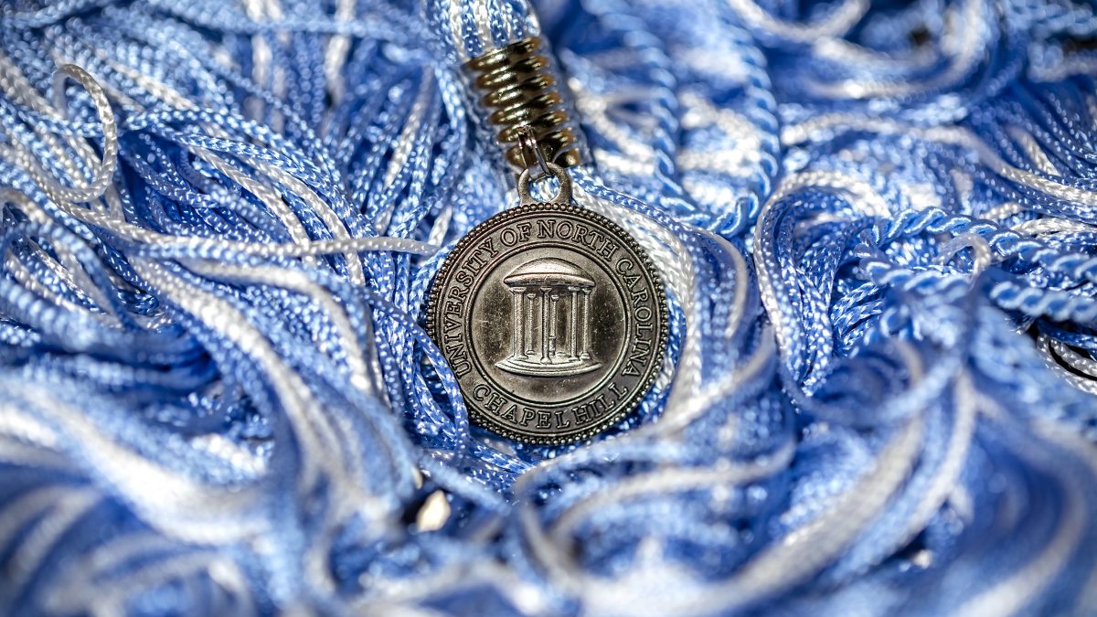 photo shows closeup of graduation cap mortarboards with their Carolina blue tassels.