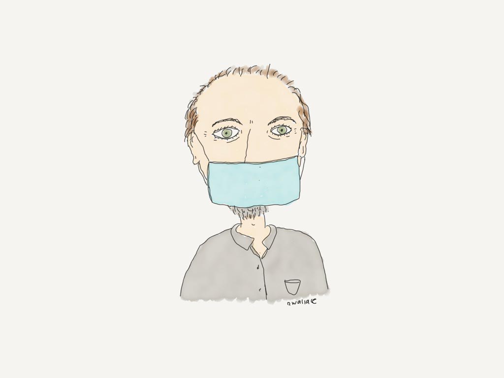 Daniel Wallace drew an illustration of himself in a PPE mask.