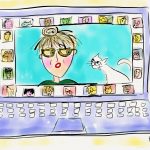 Marianne Gingher's illustration of her on a Zoom computer screen.