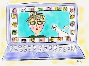 Marianne Gingher's illustration of her on a Zoom computer screen.