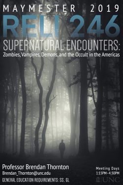 the poster for the course features a creepy forest bakground with the words "Maymester: Supernatural Encounters" on it