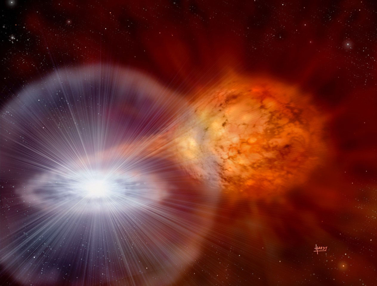 Artist’s interpretation of the explosion of a recurrent nova, RS Ophiuchi. This is a binary star in the constellation of Ophiuchus and is approximately 5,000 light-years away. It explodes roughly every 20 years when the gas flowing from the large star that falls onto the white dwarf reaches temperatures exceeding ten million degrees.