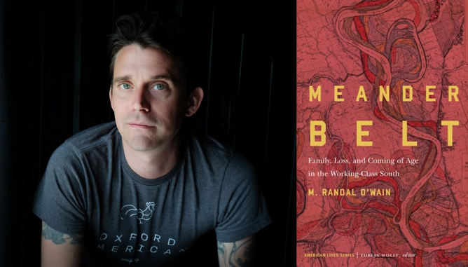 Matt Randal O'Wain is pictured on the left with his book cover Meander Belt on the right 
