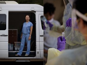 Jessica Lin standing inside of a van with medical supplies and conducting a Coronavirus test. 