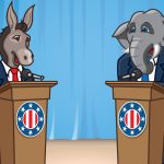 A donkey representing Democrats stands at a podium at debates an elephant representing the Republican Party.