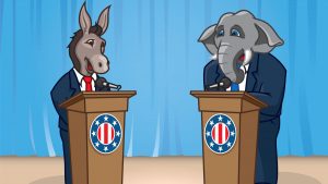 A donkey representing Democrats stands at a podium at debates an elephant representing the Republican Party.