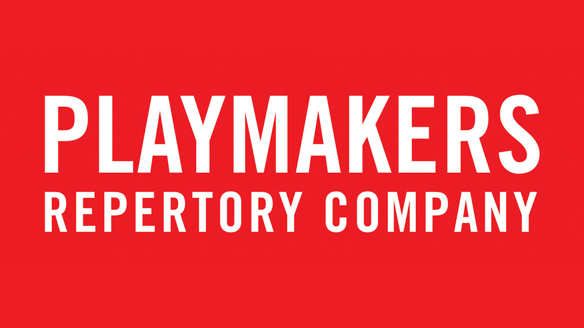 Square with red background and the words PlayMakers Repertory Company in white