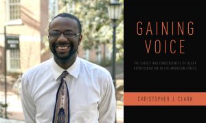 Chris Clark on the left with the book cover for his "Gaining Voice" book on the right.