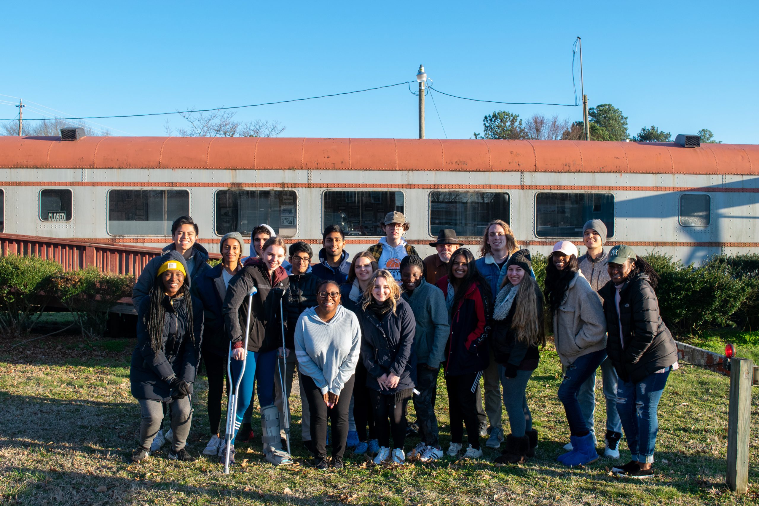 Group photo of Students in Glenn Hinson's spring 2020 class at the site of the gun fight that led to the jailing of the Norlina 18. 