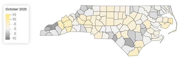 Users can produce maps from the Carolina Tracker datasets. This map represents labor force participation since the start of the pandemic.