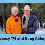 Photo of Nancy and Doug Abbey on a blue background