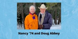 Photo of Nancy and Doug Abbey on a blue background