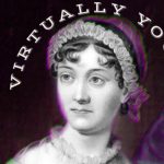 Photo shows a black and white pic of Jane Austen on a purple background with the words "Virtually Yours" at the top.