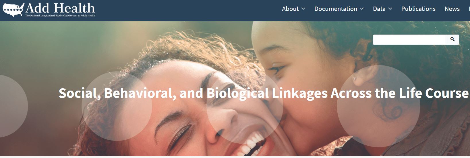 Screenshot of Add Health website shows a woman and a younger child embracing with a kiss and the text: "Social, Behavioral and Biological Linkages Across the Life Course"