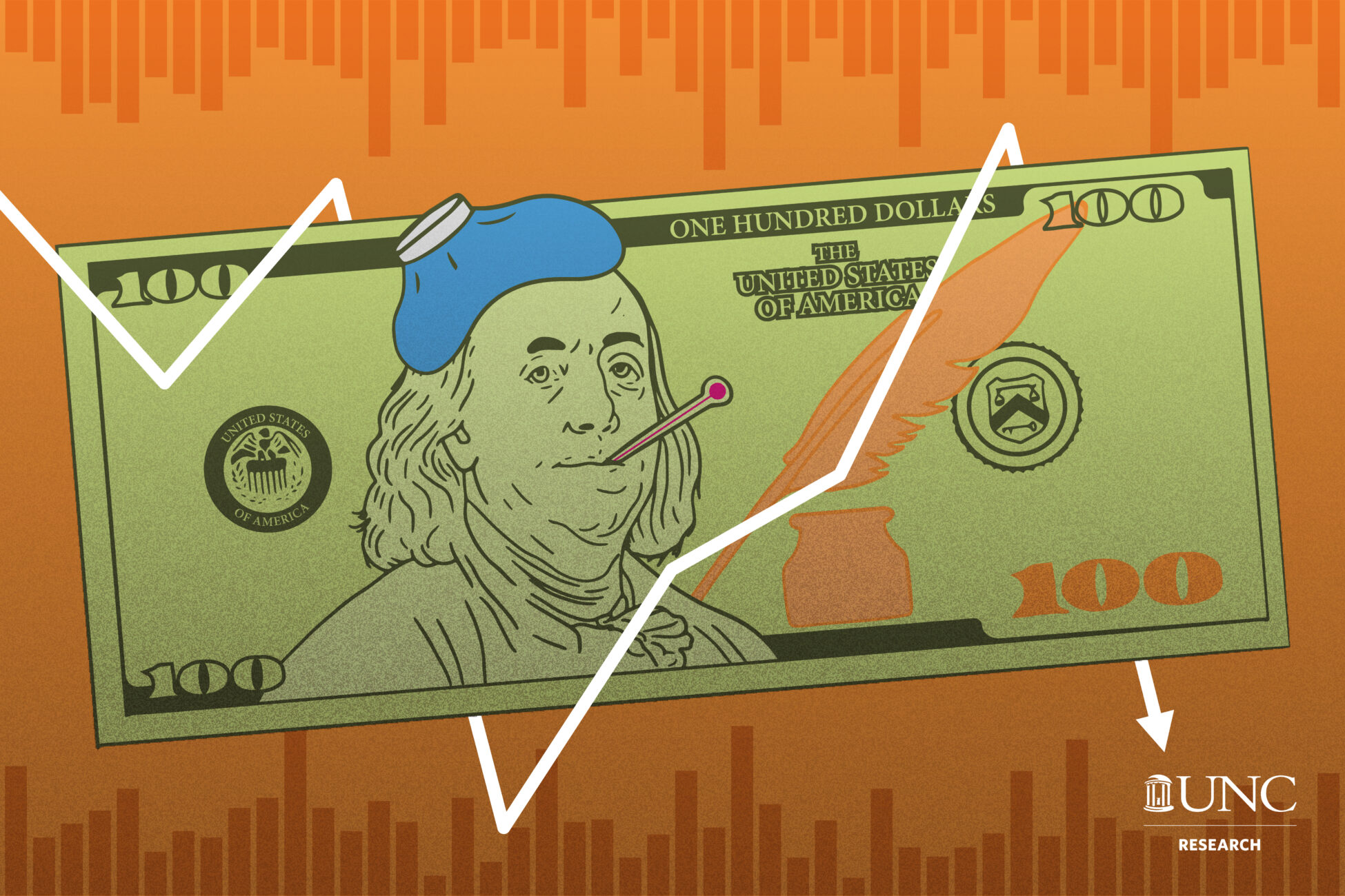 A design of a dollar bill is show on an orange background with a thermometer in George Washington's mouth. Design by Corina Cudebec.