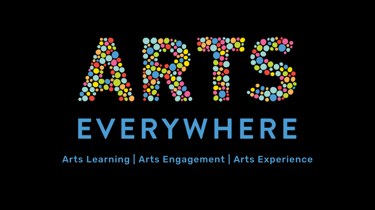 The words Arts Everywhere in colorful dots on a black background.