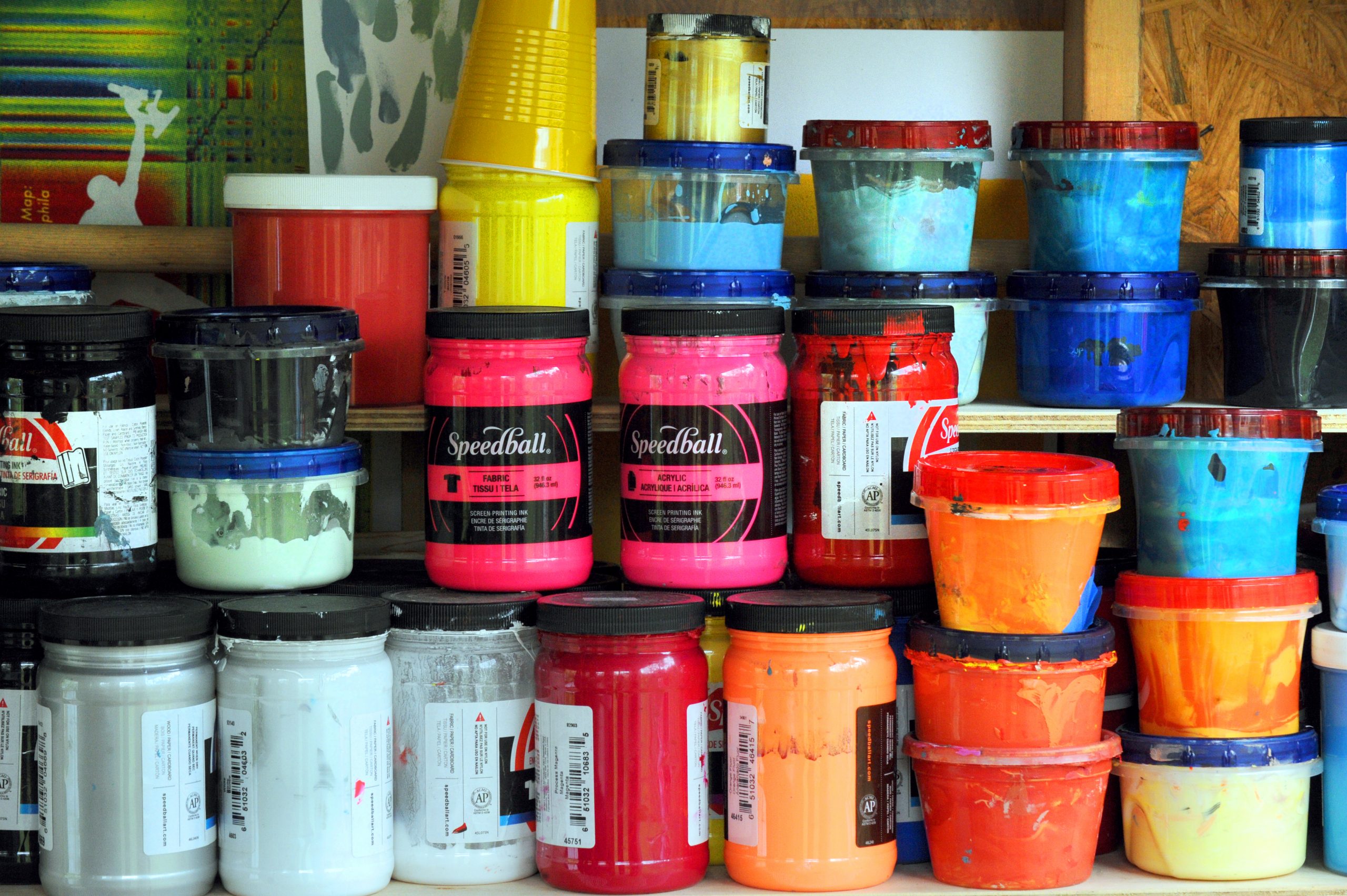 Containers of paint line a wall in Goldstein's shed.