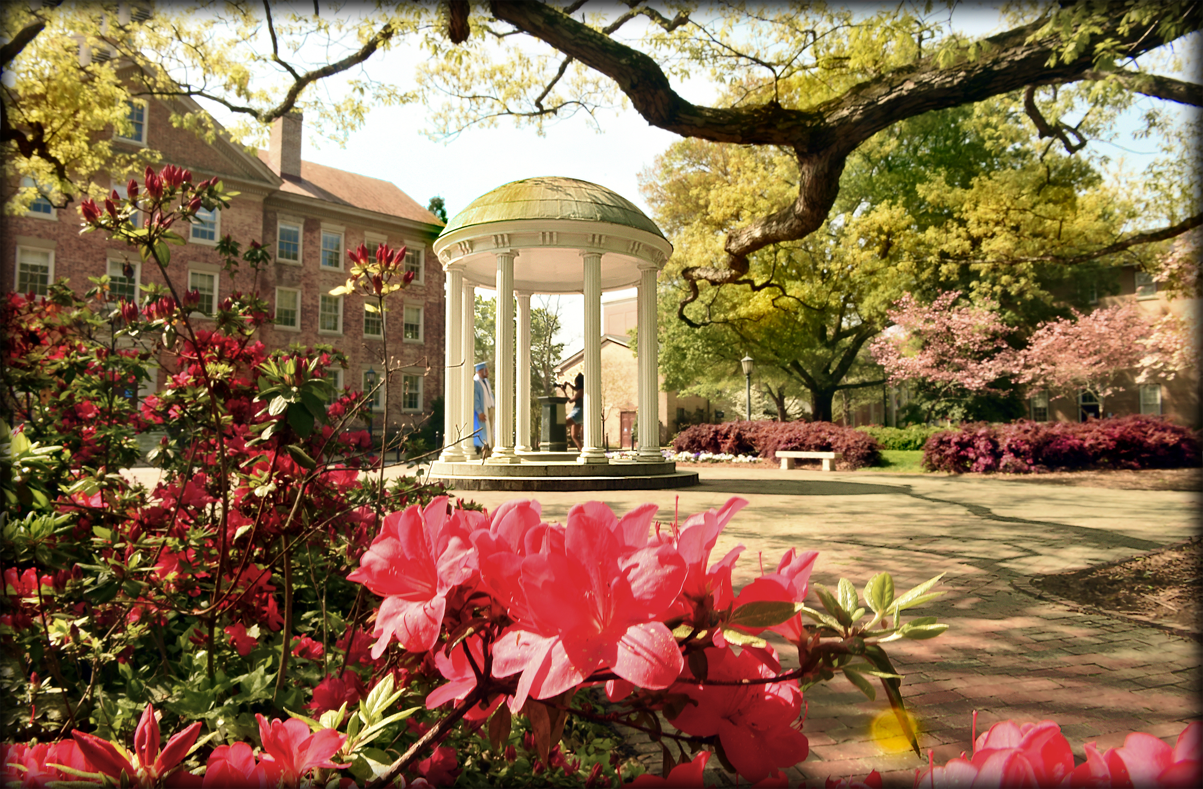 Spring 2021 photo of the Old Well with azaleas blooming by Donn Young.