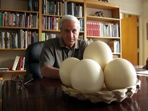 Alan Feduccia pictured sitting at his desk with a basket of eggs in front of him