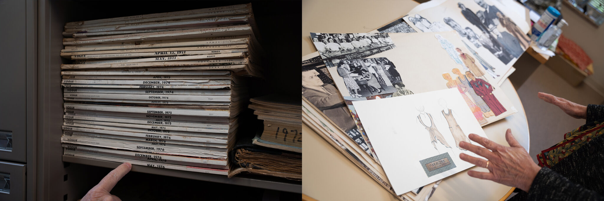 On the left: stacks of Vogue and other fashion magazines. On the right: a closeup of Bobbi Owen's hands and her sketches.