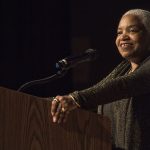 Genna Rae McNeil greets attendees at the 2017 African American History Month Lecture. Photo by Jon Gardiner/UNC-Chapel Hill.