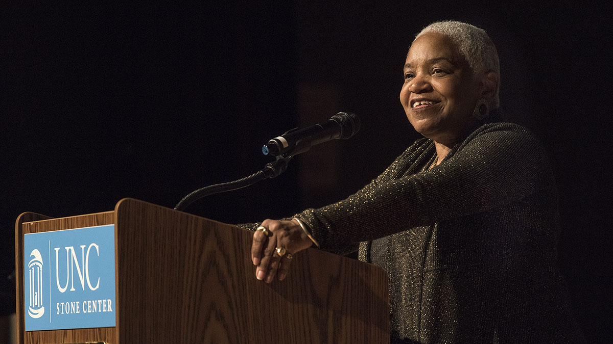 Genna Rae McNeil greets attendees at the 2017 African American History Month Lecture. Photo by Jon Gardiner/UNC-Chapel Hill.