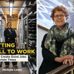 Book cover of "Putting Skill to Work" on the left; photo of Nichola Lowe on the right standing on a staircase. Photo of Lowe by Alyssa LaFaro.
