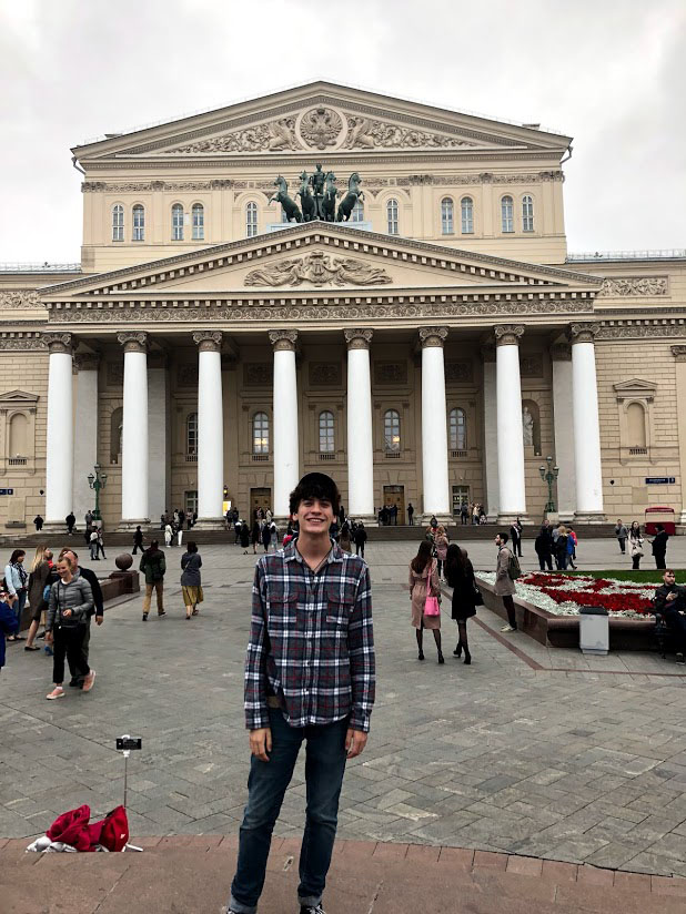 Griffin McGuire standing outside the Bolshoi Theatre in Moscow, Russia.