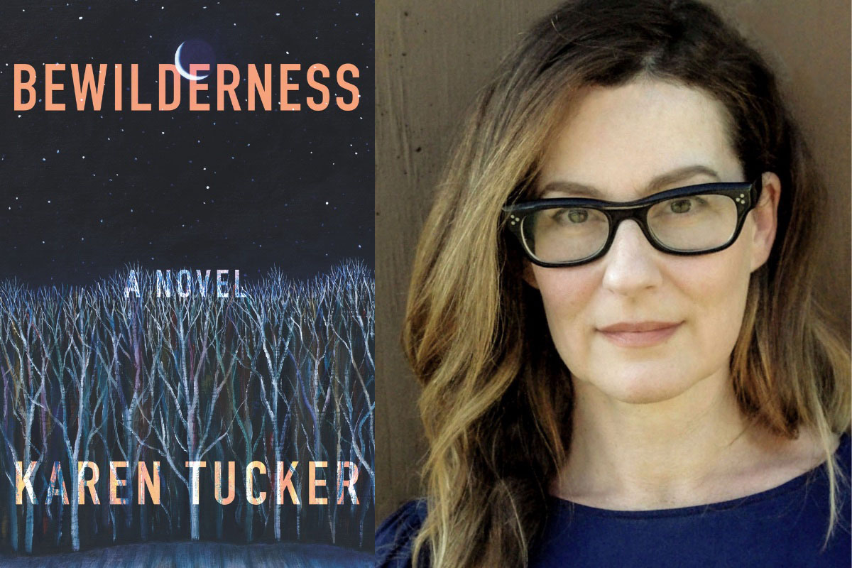 On the left, book cover for "Bewilderness;" on the right a photo of Karen Tucker.