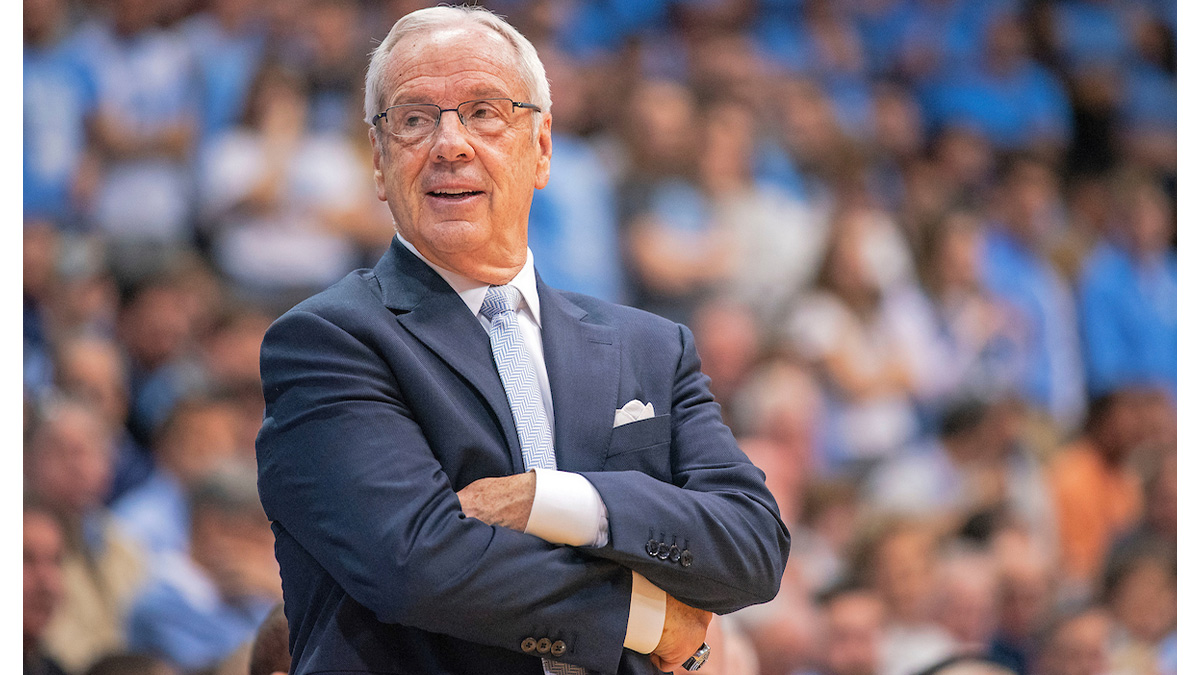 Roy Williams on the basketball court during a game.. Carolina head coach, Roy Williams during a Notre Dame vs North Carolina men's basketball game at the Dean E. Smith Center on January 15, 2019. (Photo by Jon Gardiner/UNC-Chapel Hill)