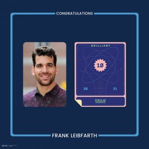 Frank Leibfarth smiling on the left and an inforgraphic of popular science to the right