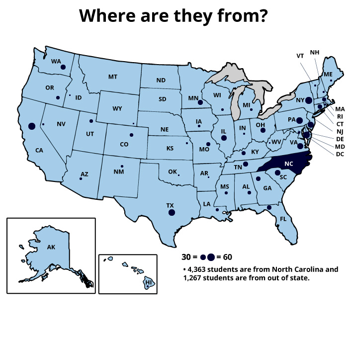 US map showing where first year students are from.