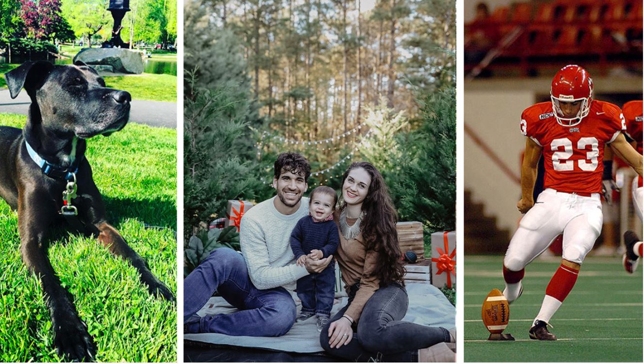 Frank Leibfarth’s dog, Roscoe, left, Leibfarth with his wife, Janelle Bludorn, and their son, Lawrence, center, and Leibfarth kicking for the University of South Dakota football team. (Football photo courtesy USD Athletics). Photos are shown in a collage.