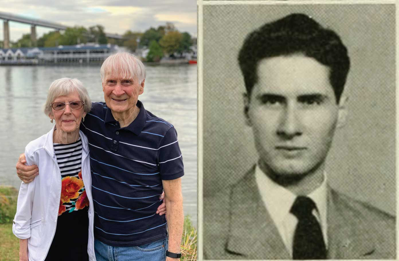 Roy and Mary Alice Smith alongside a photo of Roy Smith in 1952 when he was a junior at UNC-Chapel Hill. Smith later pursued a master’s degree and Ph.D. at Carolina.