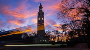 Early morning UNC Morehead-Patterson Bell Tower campus scene. (Jon Gardiner/UNC-Chapel Hill)