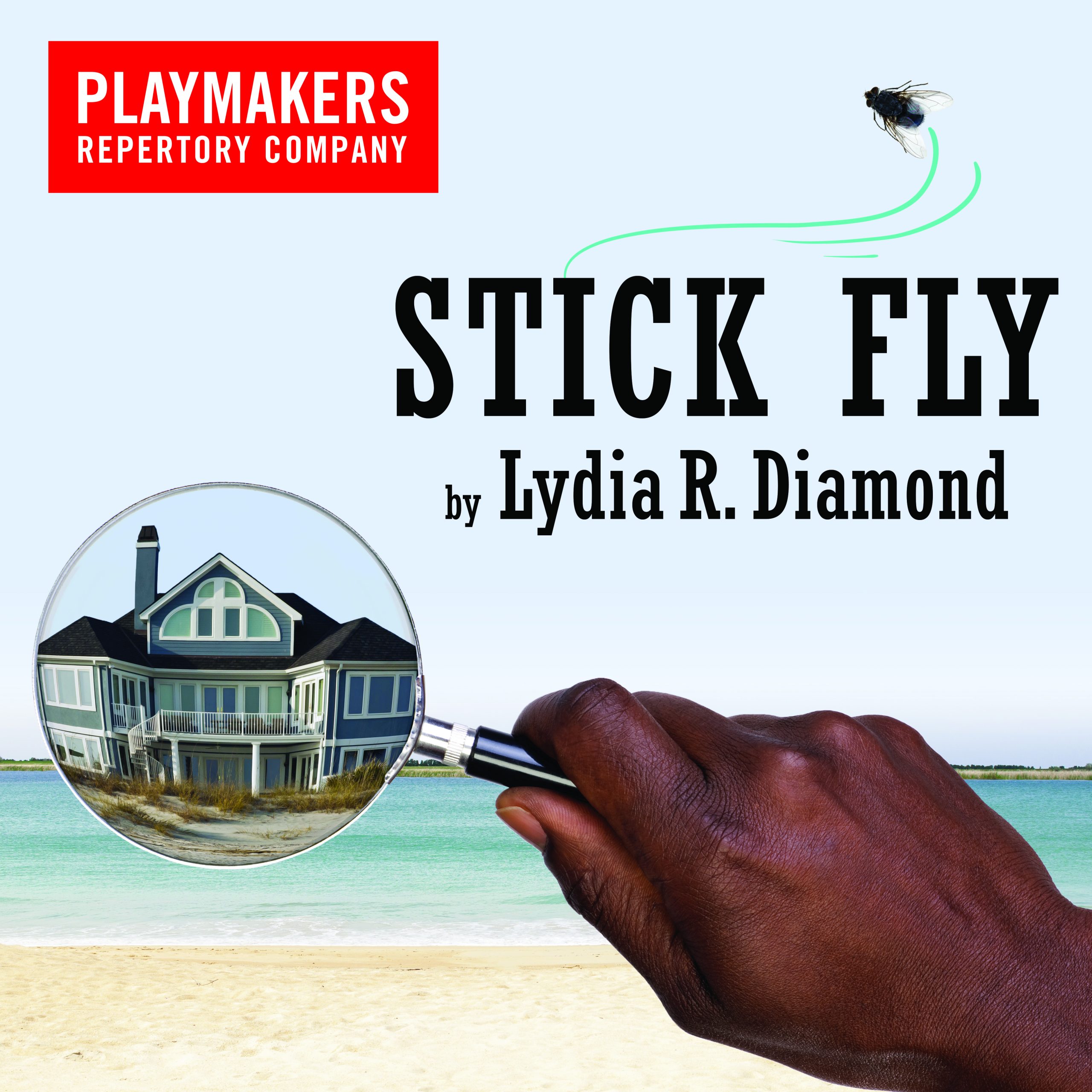 Graphic shows a hand holding a magnifying glass with the words "Stick Fly" on it and a beach in the background.