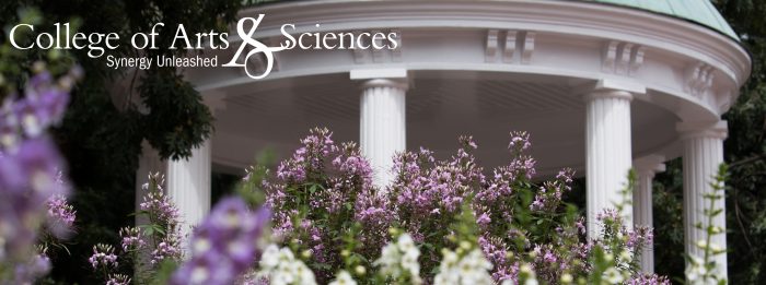 Social media cover of white and purple flowers in front of the Old Well with the College of Arts & Sciences Synergy Unleashed tagline