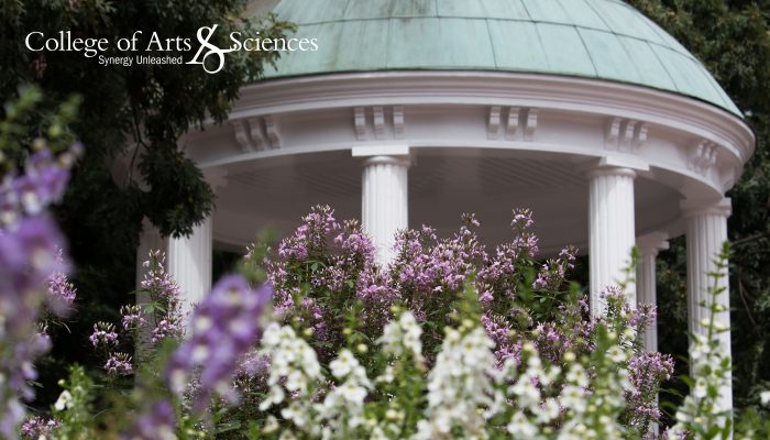 Desktop background of white and purple flowers in front of the Old Well with the College of Arts & Sciences Synergy Unleashed tagline