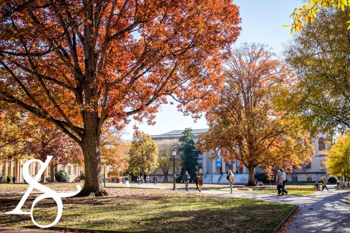 Desktop background of fall foliage on Polk Place with the College of Arts & Sciences ampersand