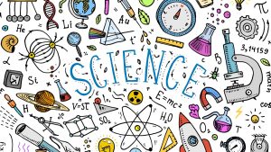 Graphical images has Science in blue surrounded by dozens of cartoon-like drawings representing science: beakers, a globe, a scale, the words H2O, a rocket ship, etc.