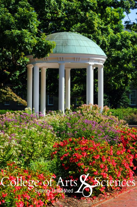 Mobile background of spring flowers in front of the Old Well with the College of Arts & Sciences Synergy Unleashed tagline