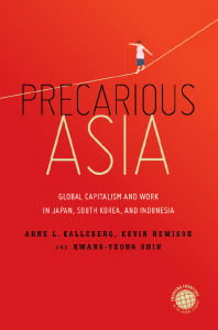 Bright red book cover for the book Precarious Asia.