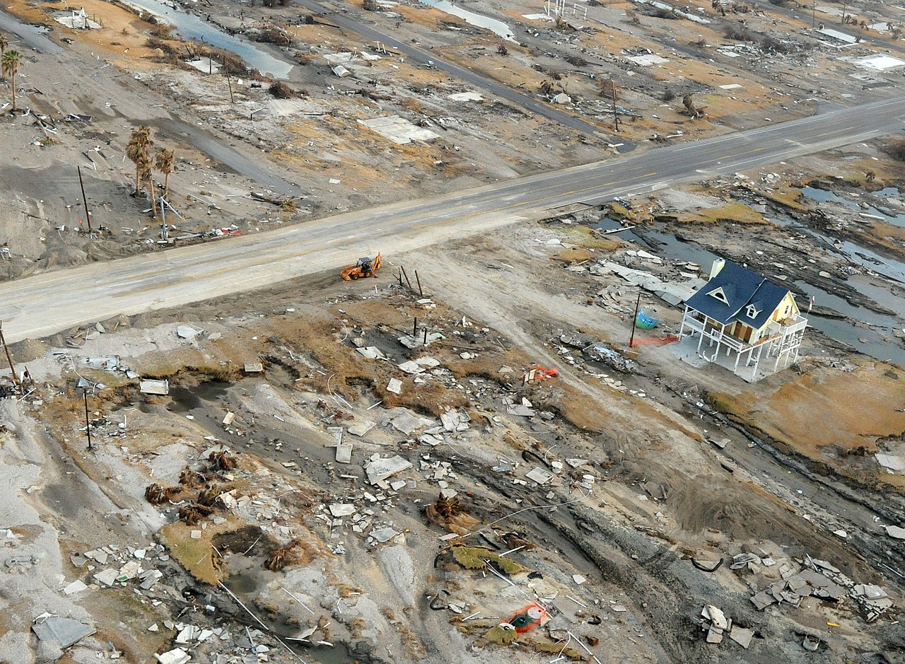 Hurricane damage shows one house standing after Hurricane Ike in Gilchrist, Texas.