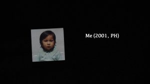 An old photograph of Eve as a baby next to the words "Me (2001), Philippines"