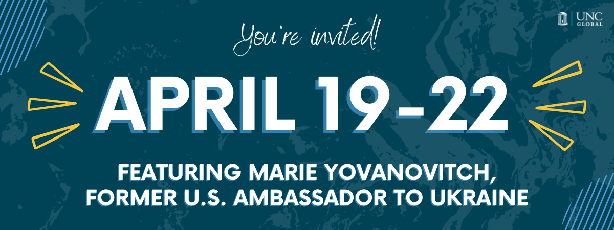 Graphic on blue background proclaims: "You're invited! April 19-22, featuring Marie Yovanovitch, Former U.S. Ambassador to Ukraine."